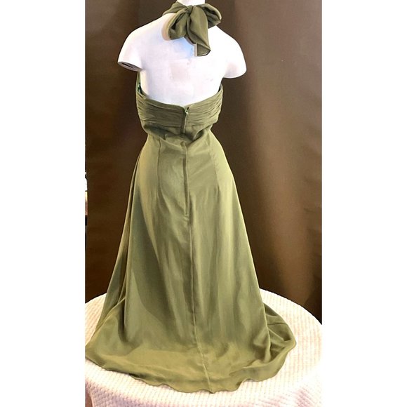 Olive Green Formal Dress Tie-back Shelf Bra Evening Gown Small Train - Picture 4 of 13